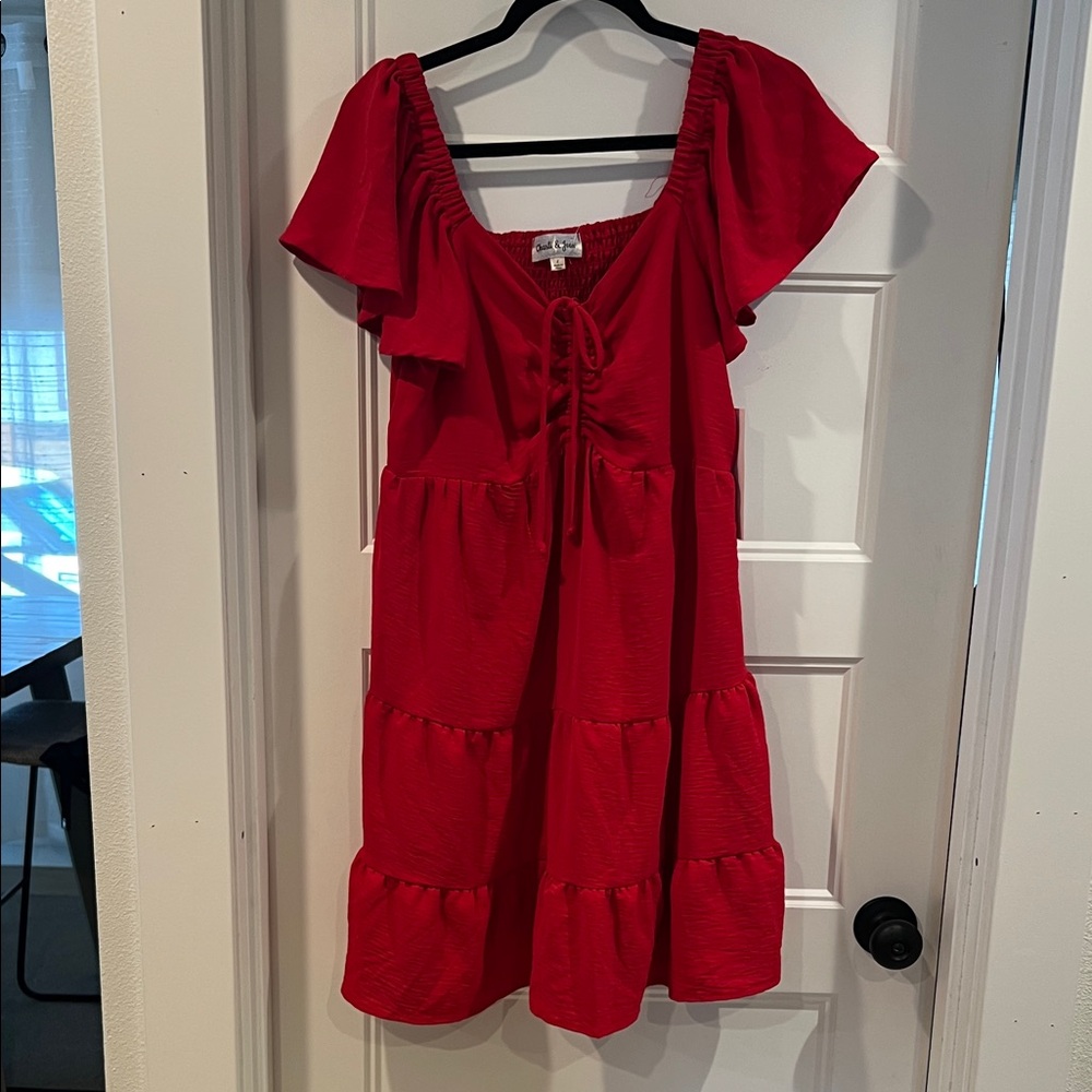 Red Tiered Dress with Ruffle Sleeves